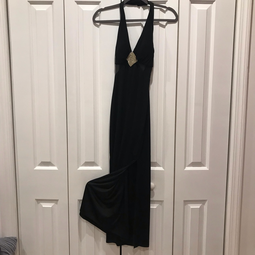 Black halter rhinestone detail long dress  w/ slit